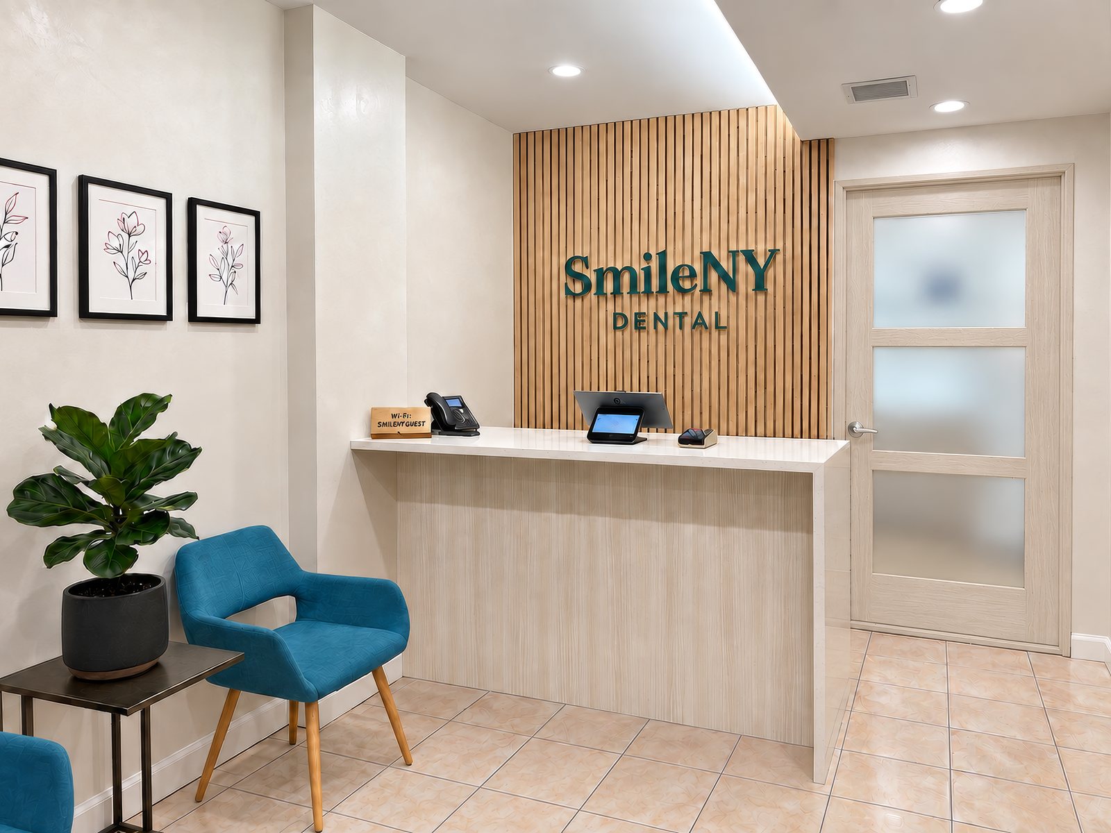 SmileNY Dental reception with a wood-paneled logo wall and blue seating